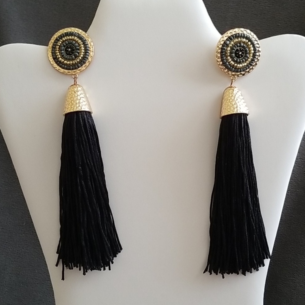 Oversized Black Tassel Earrings